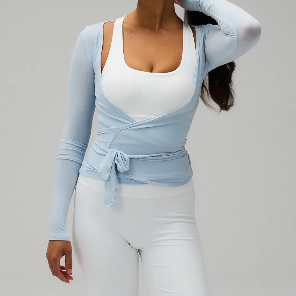 Women Yoga Wrap Tie Tops Y2k Solid Long Sleeve Slim Fit Crop Ballet Workout TShirts Coquette Sweet Chic Tops 250703
