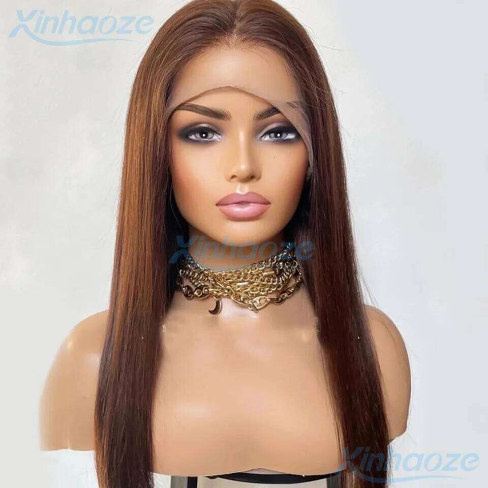 Dark Brown Chocolate Straight Glueless Full Human Hair Pre Plucked Brazilian Remy 13x4 Silk Top Lace Front Wigs