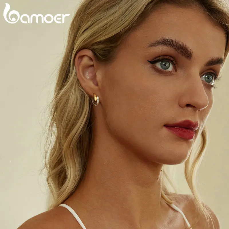 925 Sterling Silver Simple Two-tone Ear Buckles Classic Hypoallergenic Hoop Earrings for Women Fine Jewelry Gift BSE1021 250703