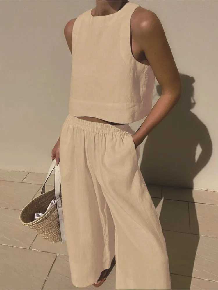 Womens Solid Color Casual Slveless Shirt And Pants Two Piece Summer Loose Simple Wide Leg Pants Vest Female 2025 X250704