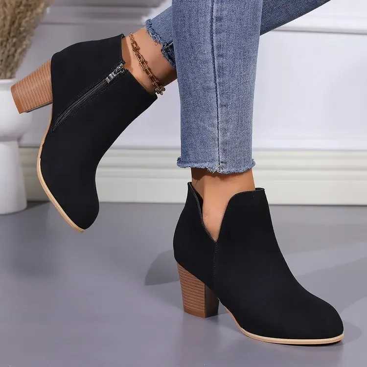 Womens Fashion Ankle Boots Chunky High Heels Boots Female New Trendy Autumn Winter Outdoor Mid-heel Side Zipper Booties Mujer Z250704
