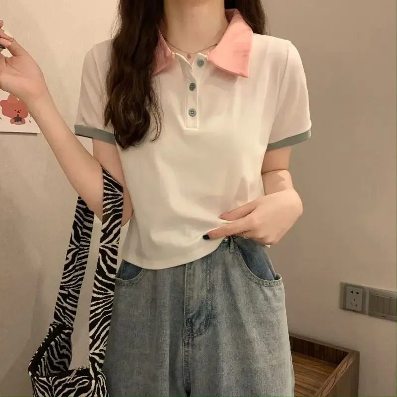 Slim Polo Neck T Shirt for Women Summer Outfit Woman Tshirt Womens Short Sleeve T-shirt Korean Clothing Polyester Trend 2025 In 250625