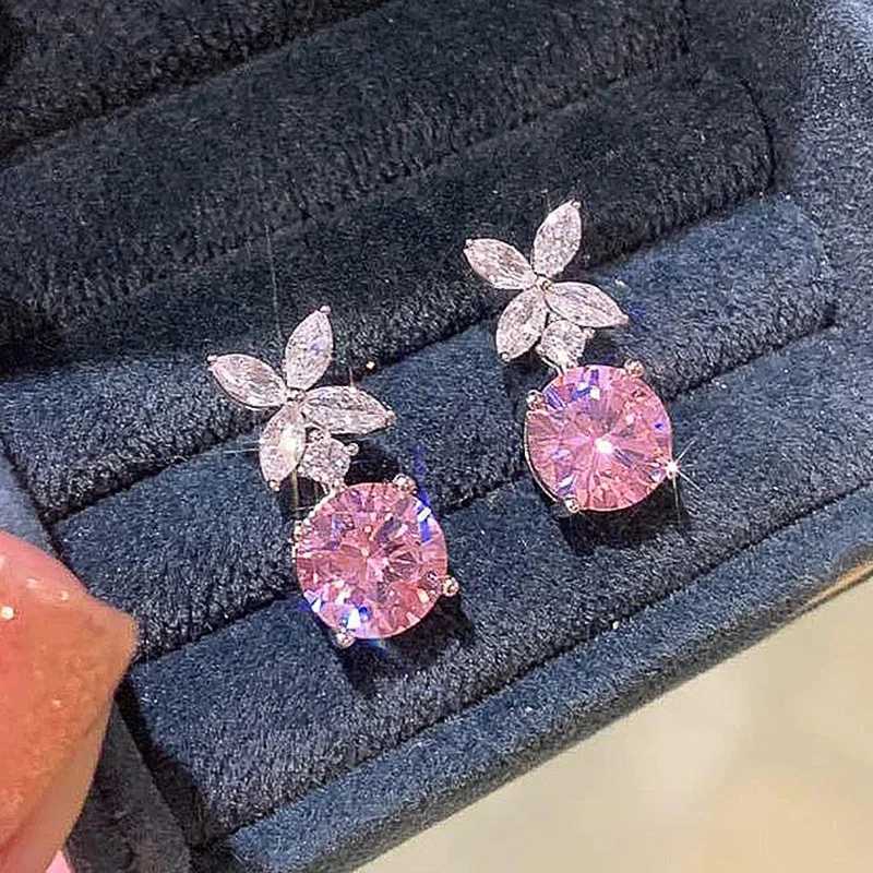 8 Exquisite Flower Dangle Earrings Pink Cubic Zirconia for Women Silver Color Temperament Sweet Accessories Fashion Jewelry Y250704