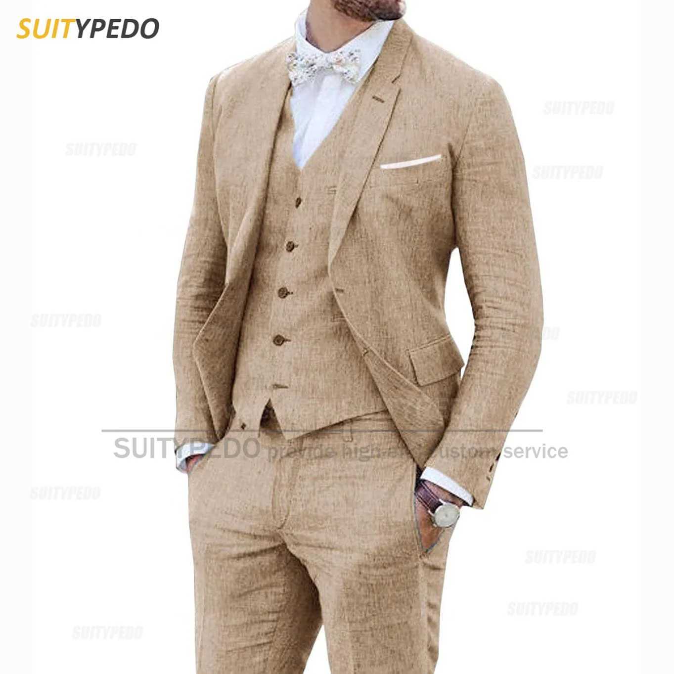 Beige Linen Suits for Men 3 Pieces Casual Slim Fit Suit Blazer Vest Pants Set Formal Prom Wedding Tuxedos for Best Man Groomsmen X250704