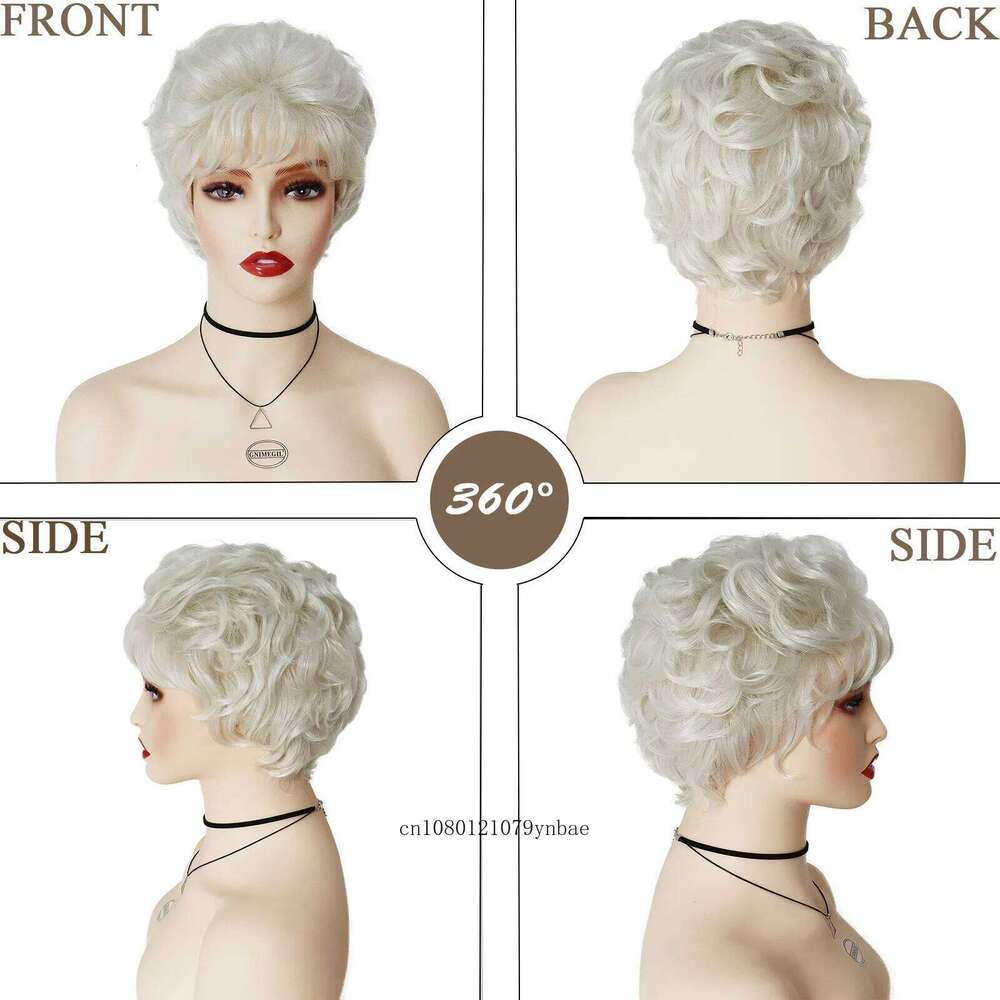 Old Lady Wigs for Women Synthetic White Grandma Cosplay with Bangs Short Curly Pixie Cut Wig Daily Costume Heat Resistant