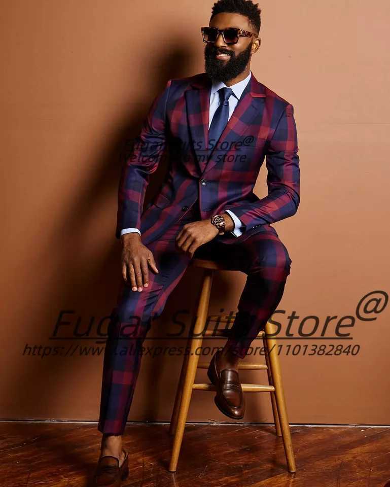 Fashion Plaid Prom Suits For Men Slim Fit Notched Lapel Groom Tuxedos 2 Pieces Sets Male Casual Blazers Handsome Mens Clothing X250704
