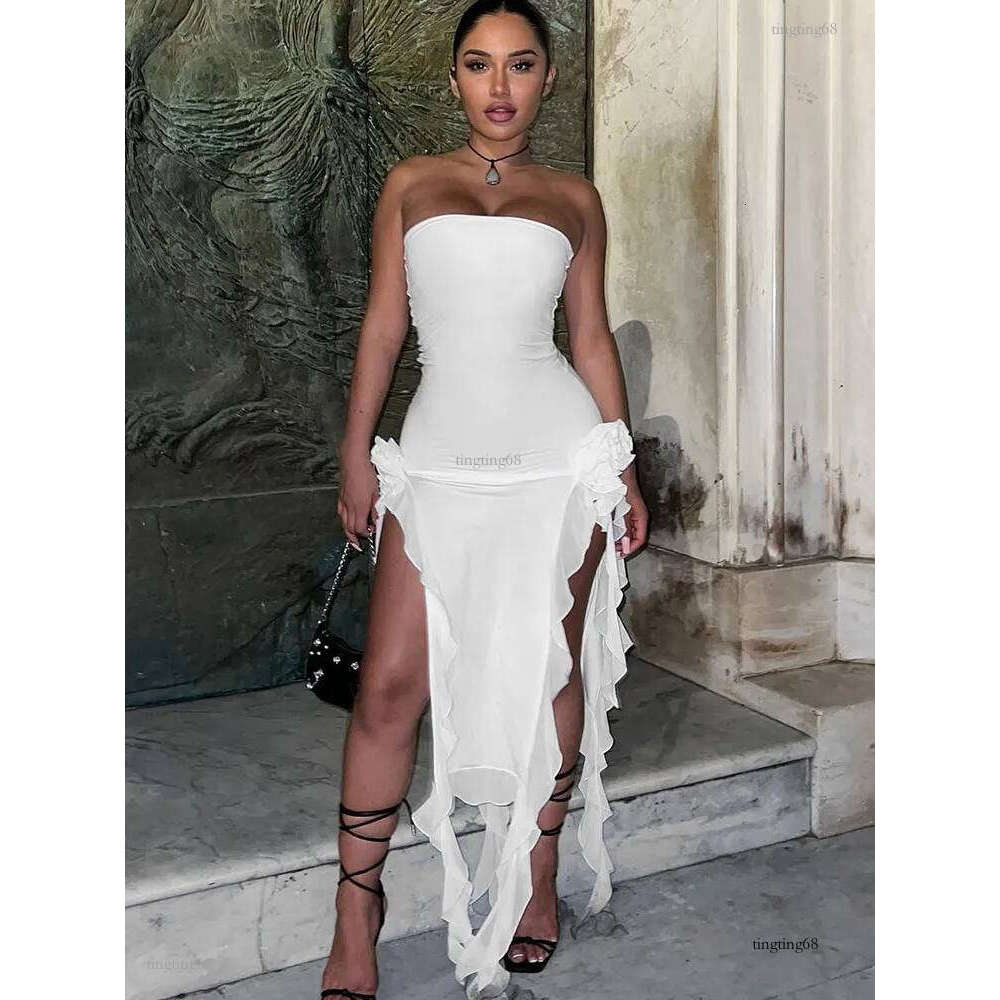 Casual Dresses Hugcitar Mesh Patchwork Ruffle Appliques Women Tube Midi Dress Side Slit Bodycon Sexy Streetwear Party Elegant Birthday Y2K 230223