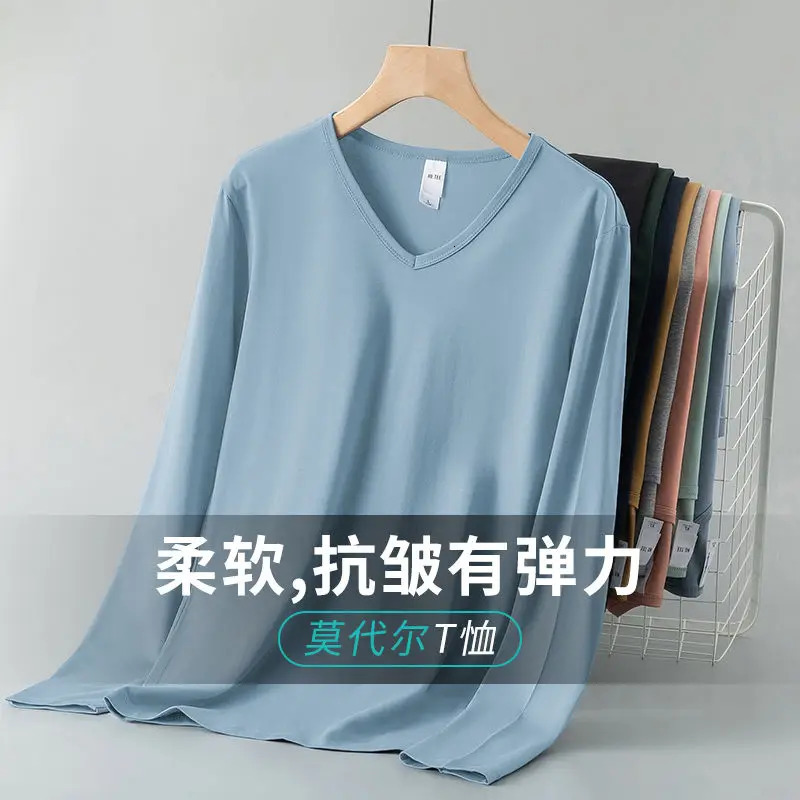 Arrival Mens Casual V-Neck T-Shirts Spring Autumn Long-Sleeve Modal Cotton Solid Color Undershirts Thin Autumn Clothes 250704