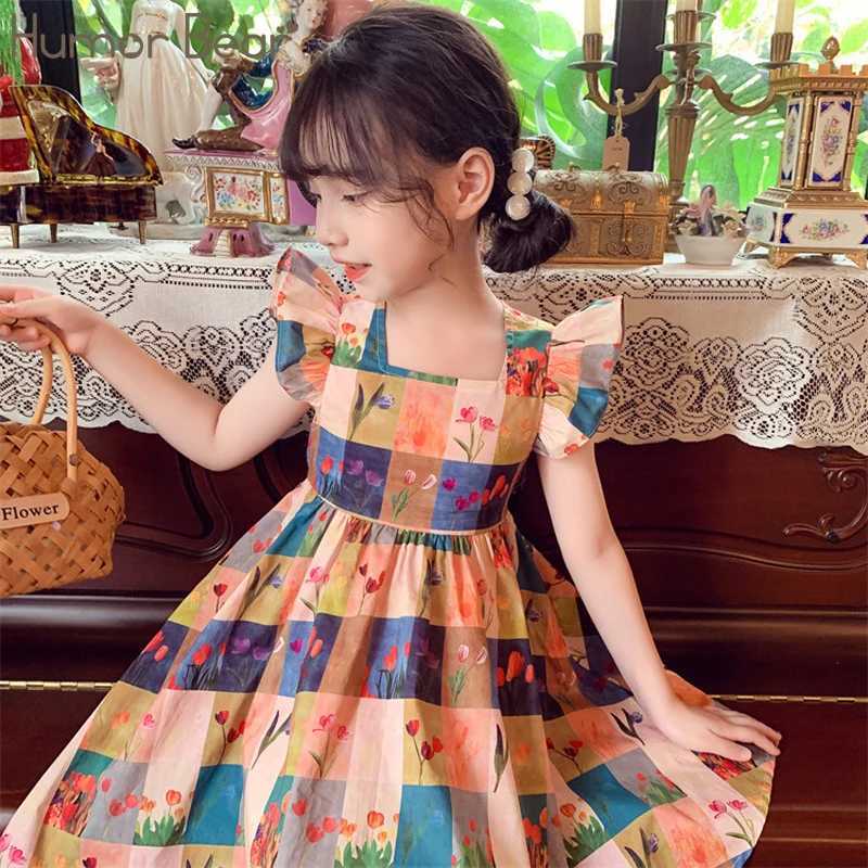 Humor Bear Girls Summer New Korean Checkered Countryside Floral Flying Sle Tank Skirt Dresses Casual Outfit 2-6Y R250704