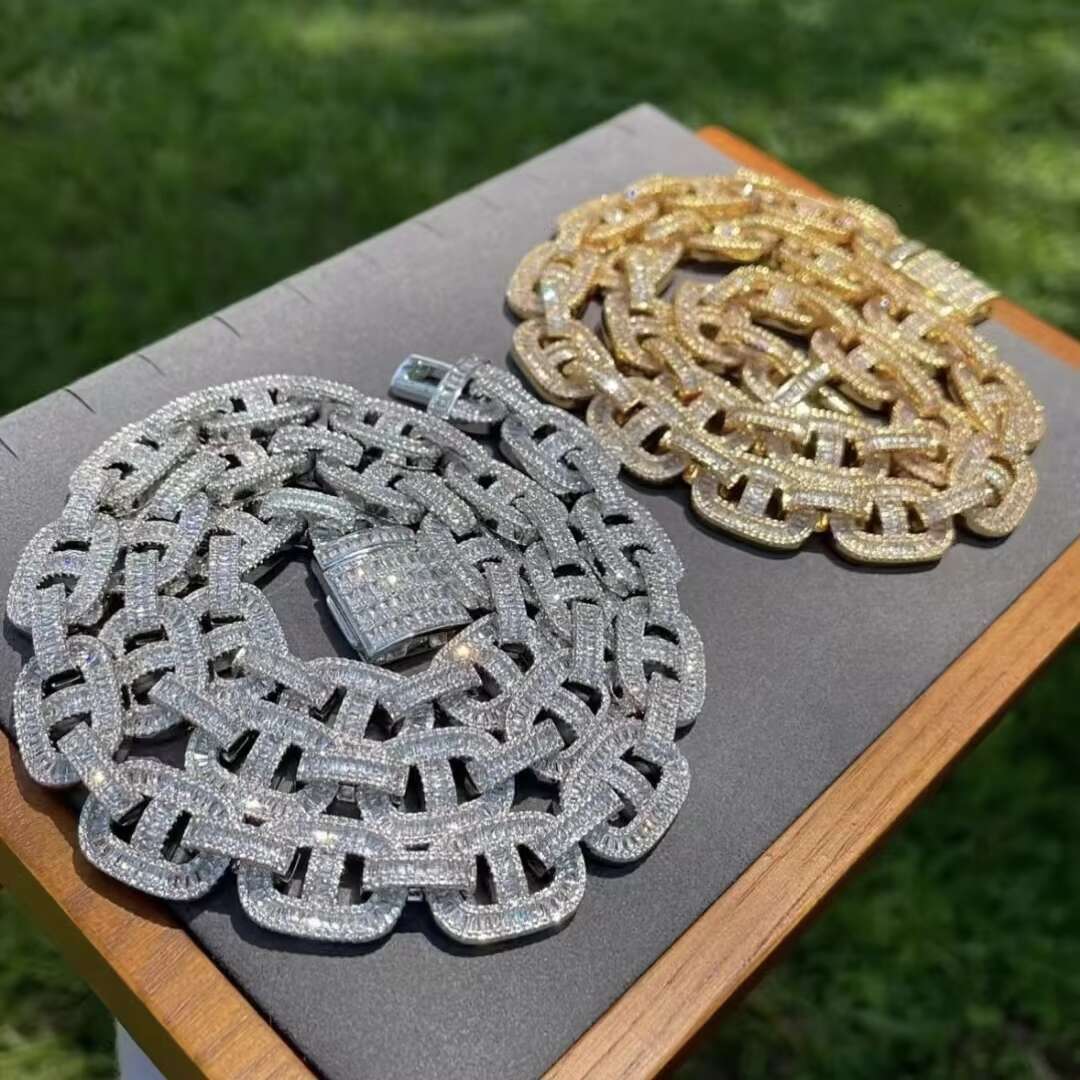 Mens 925 Silver Cuban Link Tennis Chain Necklace Hip Hop Style Iced VVS Moissanite Diamond Geometric Gift Box for Europe US