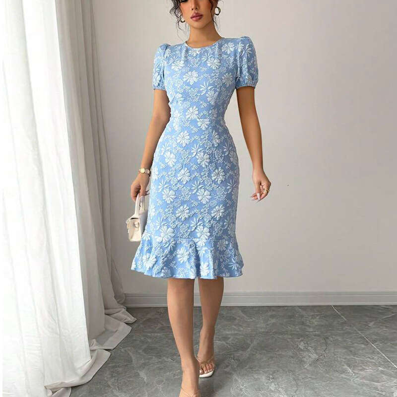 Summer Daisy Emed European and American Slim Fit Mermaid Dress Short Sleeve 2025 New Casual Fashion Trendy Clothing
