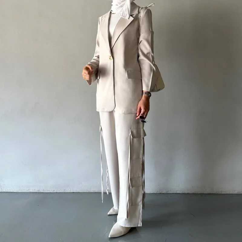 KWTX 2025 Spring Summer Womens Suit Set Multi Pocket Ribbon Blazer Pants Two Piece Office Chic Outfit Casual Elegant X250704