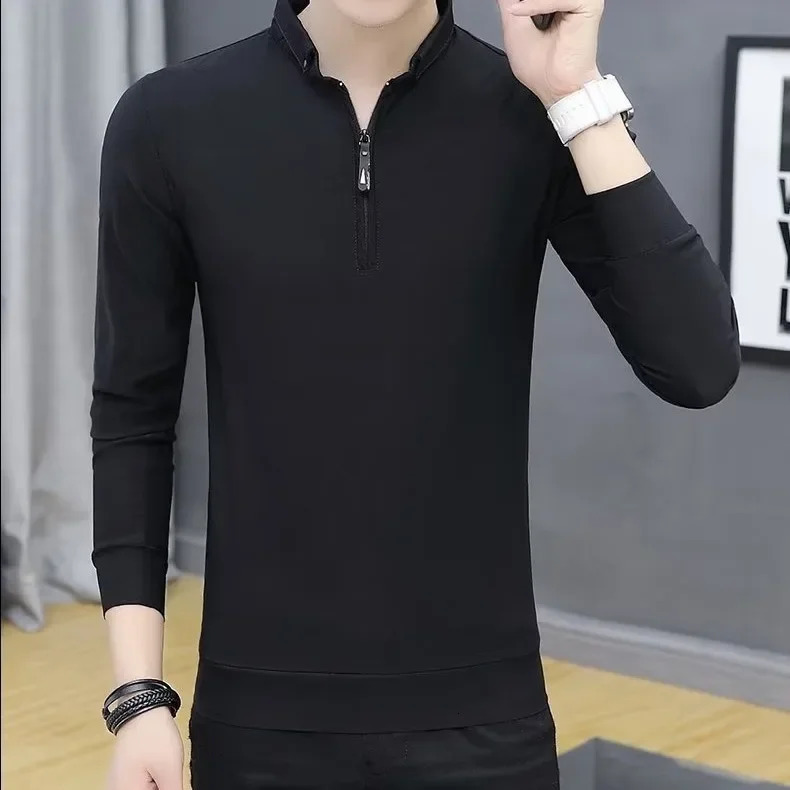 Zip-up Stand Collar Long Sleeve Mens Korean Trendy Casual Polo Shirt Spring Autumn Black Top Base Layer Cross-border Top 250704