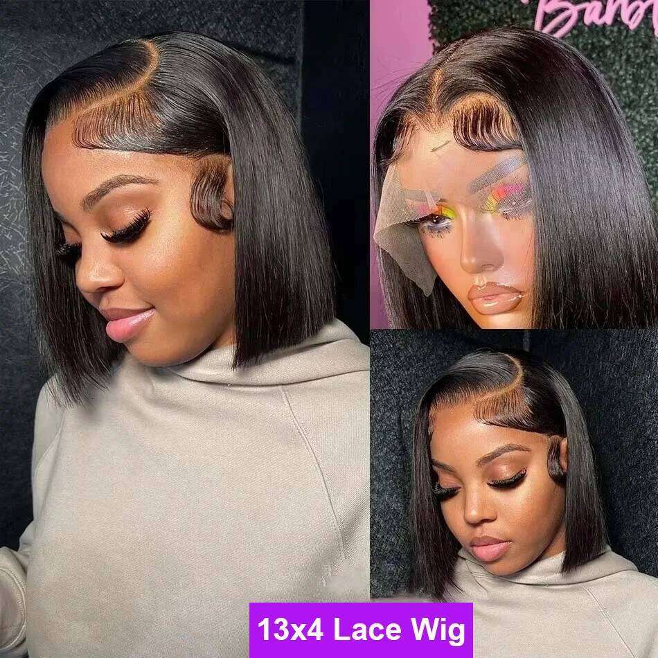 200% Density Straight 13x4 Lace Front Transparent Wigs 100% Human Hair Brazilian Short Bob Wig For Women