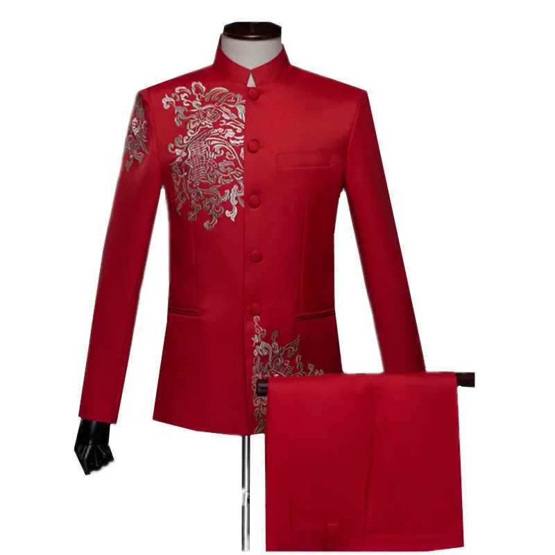 Fashion Men Standing Collar Embroidered Suit Male Business Social Wedding Prom Stage Performance Blazer and Pants X250704