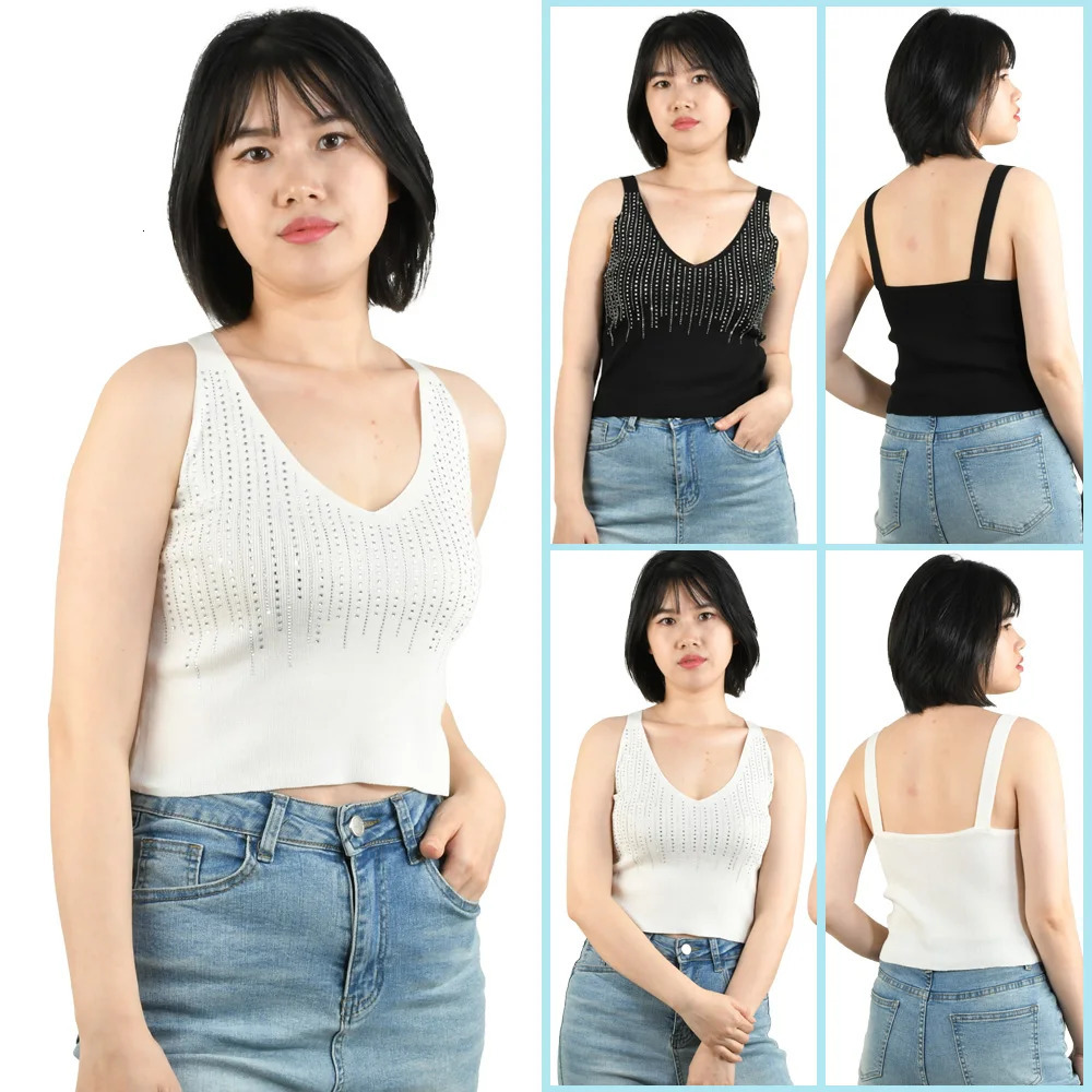 Summer Vest Tops For Woman Shinny Rhinestone Strappy V Neck Sleeveless T shirts Women Tank Crop Camisole Clothes Female Tee 250704