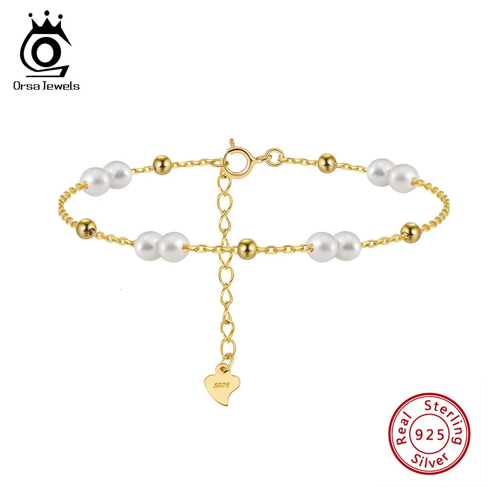 ORSA JEWELS 925 Sterling Silver Pearls Chain Bracelet Vinatge 14K Gold Pearl Beads Bracelet on Hand Female Party Jewelry GPB40 250628