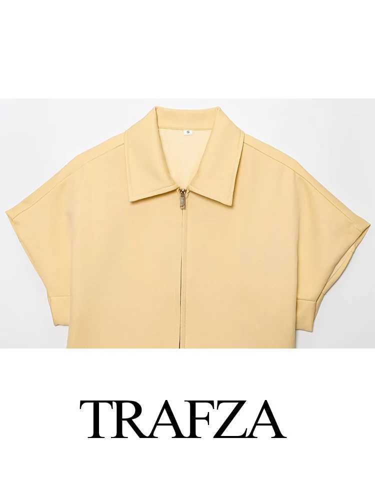 TRAFZA Women Fashion Solid Lapel Loose Zipper Loose Short Slve Top+High-Waist Zipper Side Pocket Wide-leg Casual Pants Suit X250704