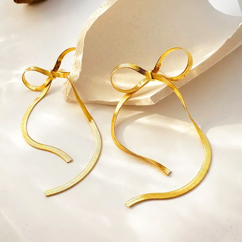 Snake Chain Bowknot Tassel Internet Celebrity Versatile Face Slimming Simple Elegant Earrings Non-Fading