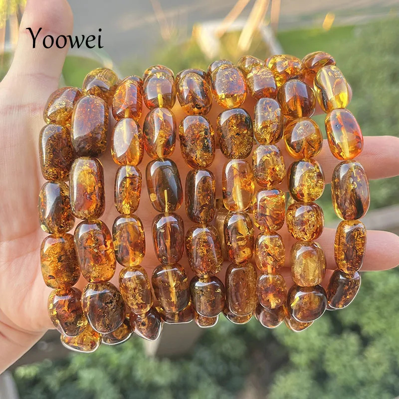 100% Real Piebald Amber Bracelet for Unisex 2025 Natural Genuine Plant Flower Irregular Beads Factory Baltic Amber Jewelry 250628