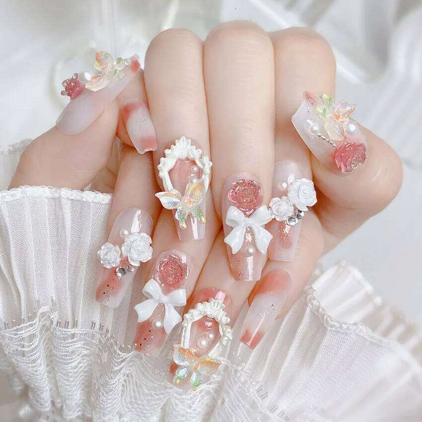 Blush Pink False Bowknot Dia Pearl 3D Design Press on Nail Tips with Harmless Smooth Edge Woman DIY Fake Nails X250704
