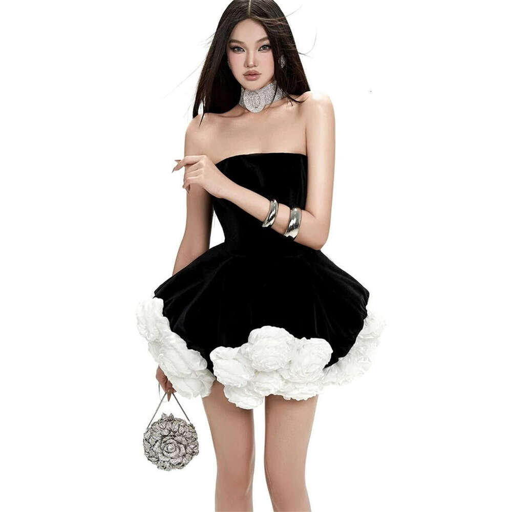 White Skirt Maxi Skirt Vietnamese Niche Design Socialite Sexy Velvet Tube Top Three Dimensional White Rose Petite Puffy Short Dress Gown Long Skirt