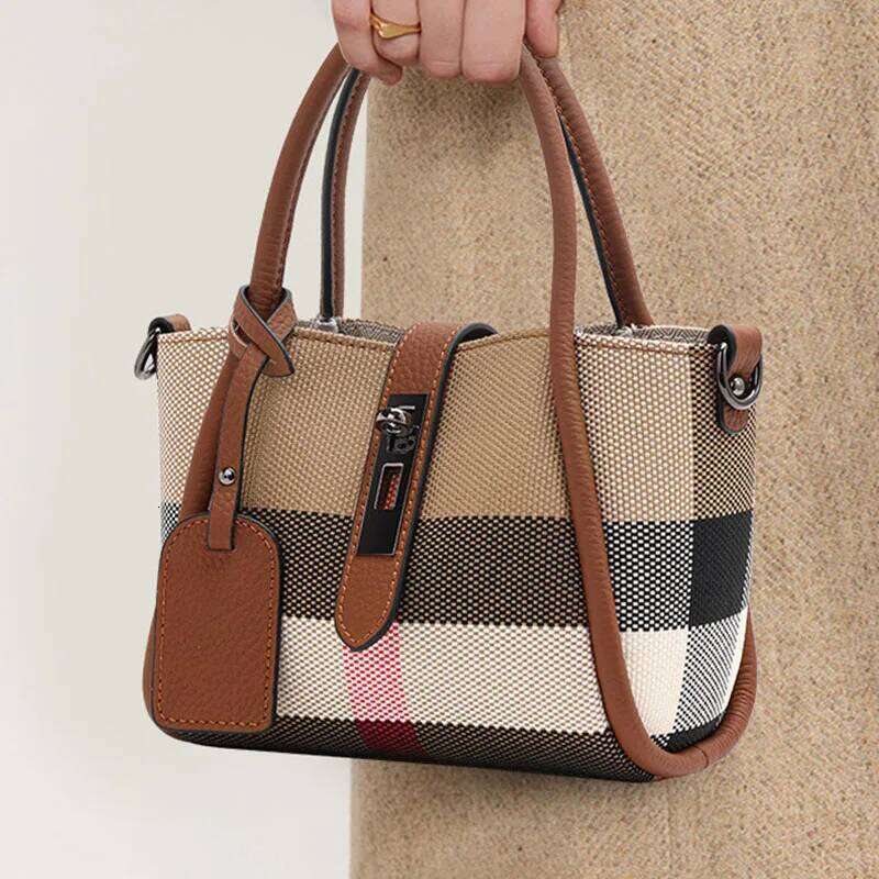 Luxurious designer's popular leather bucket bag style in 2025. New checked women's casual handbag. Crossbody bag.