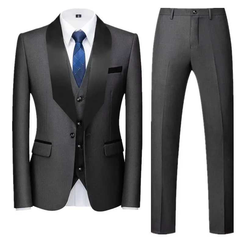 (Blazer + Pant + Vest ) Men Pure Colour Formal Wedding Suits Black / Blue Fashion Simple Male Business Social Tuxedo Dress Set X250704