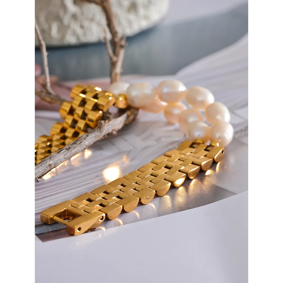 Yhpup Natural Pearls Cuban Chain 316L Stainless Steel Bracelet Bangle High Quality Women Gold Color Premium Jewelry Gift 250628