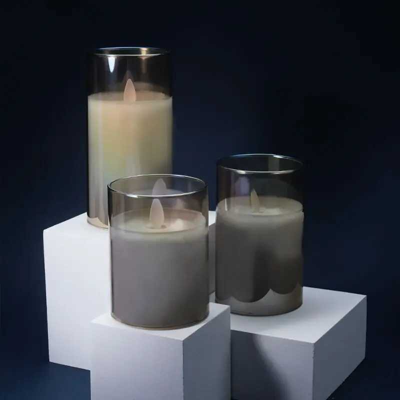 USB Rechargeable LED Flameless Pillar Candle Set Flickering Moving Wick Paraffin Real Wax Remote Controlled with Timer - Gray Glass W250704