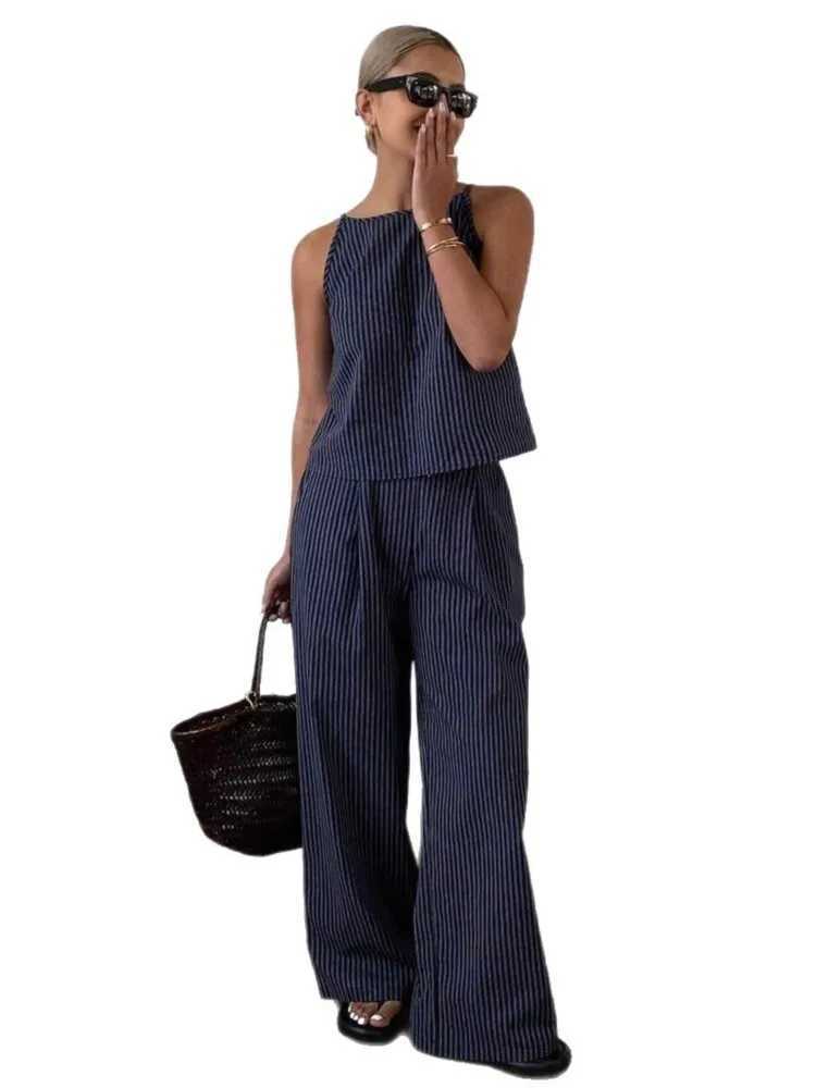 Summer Striped Print 2 Two Piece Set Women Casual Fashion Ladies Slveless Blouses Wide Leg Loose Woman Elastic Waist Pant X250704