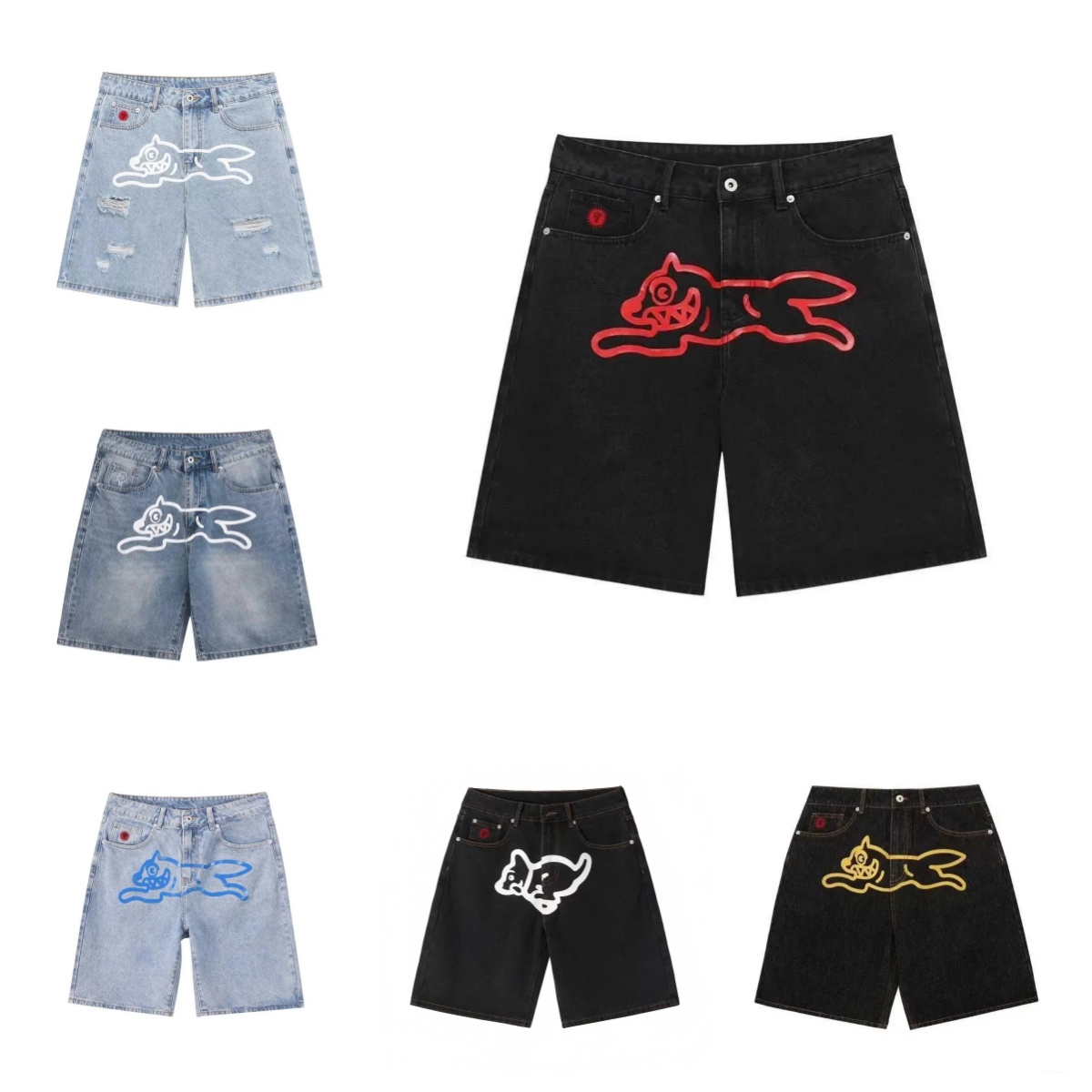 Designer High Quality Mens Jeans 2025 Summer American Denim running dog Shorts Trendy Personalized Printed Dog BBC icecream Three-quarter Pants Sports Streetwear