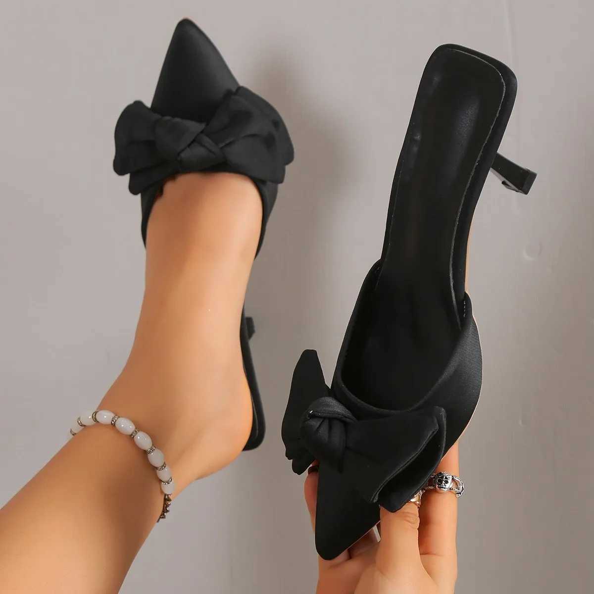 New Style Butterfly-knot Mules Women Slippers Elegant Pointed Toe Thin High Heels Ladies Summer Fashion Party Prom Shoes W250704