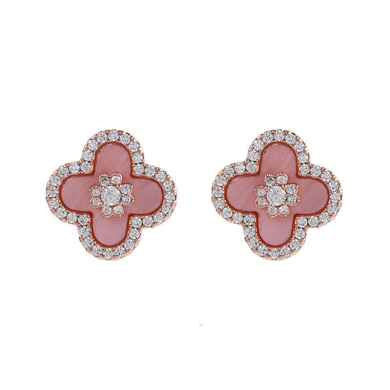 designer clover earring Sier Needle Four-Leaf Clover Daily Versatile Flower Women's Elegant High-End Ancient Style Zircon Pink Earrings