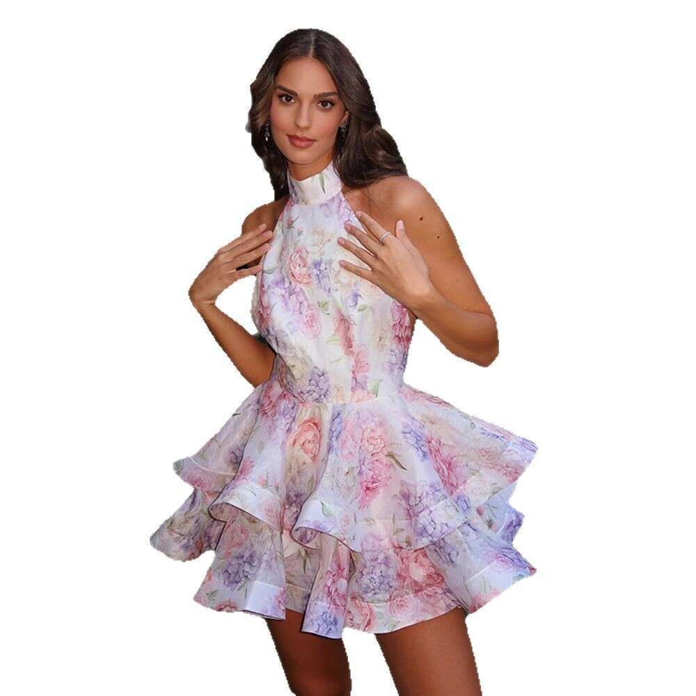 2025 New French Style Fresh Sweet Design Summer Women's Halter Backless Printed Cake Dress Elegant Versatile Trendy Ins Fashion