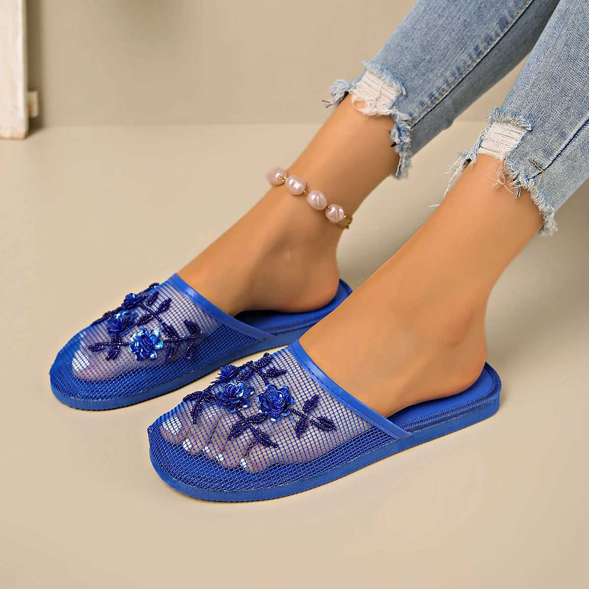 2025 Hot Sale Shoes for Women Baotou Womens Slippers Fashion Crystal Floral Daily Slippers Women New Mesh Flat Slippers Zapatos W250704