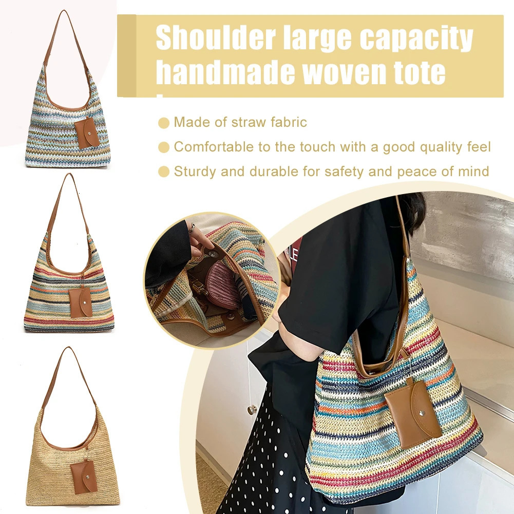 Women Stylish Knit Shoulder Bag Wear Resist Hand Woven Shoulder Bag Vacation Straw Handbag Leisure Bag with Matching Clutch 250701