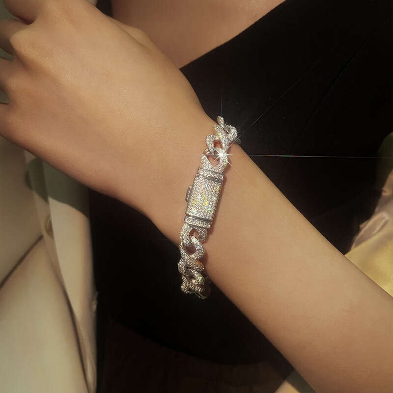 FaS925hion New S925 Pure S925ier Hip-Hop Cuban Chain Full Inlaid MoiS925S925anite Bracelet for Women 3f2