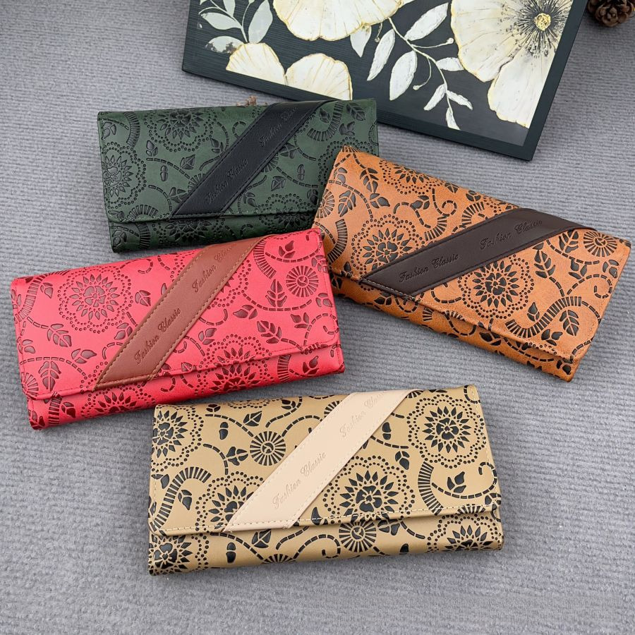 Free Shipping Designer Bag Women's Long Wallet Premium Leather Embossed Retro Chinese Style Clutch Fashion Simple Color Block
