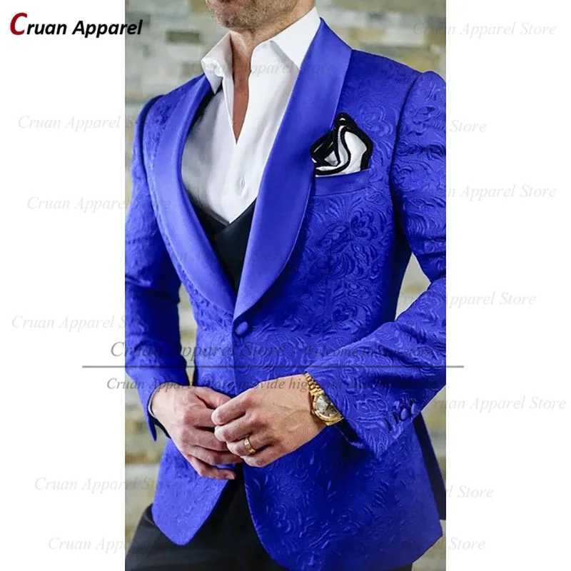 Wedding Groom Suit Luxury Blue Jacquard Suits for Men Slim Fit Prom Party Tuxedo Champagne Blazer Vest Pants 3 Pieces 2025 X250704