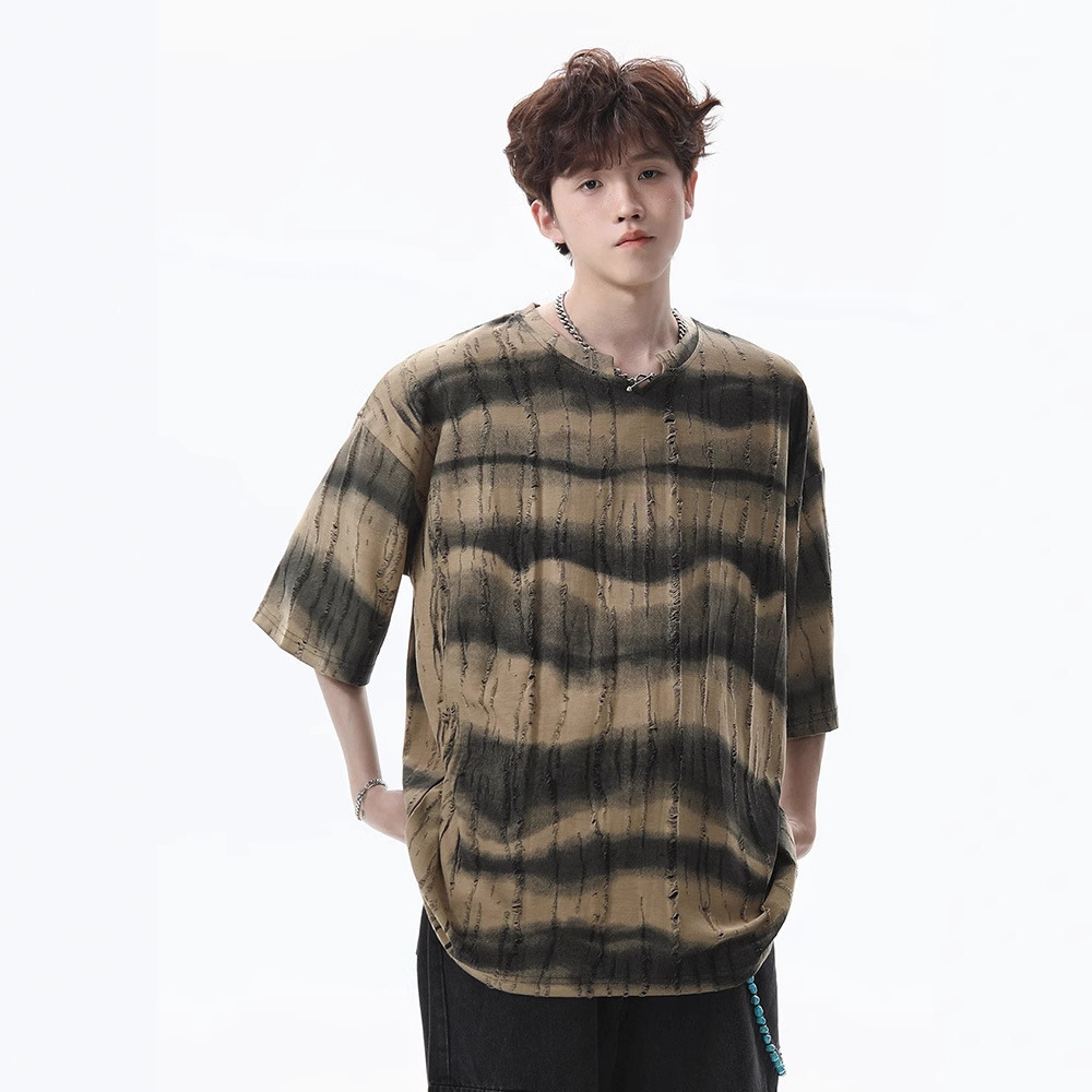 American Heavyweight Striped Short Sleeve T-shirt For Men 2025 New Summer Designer Short Sleeves Retro Trendy Brand Scratched Design Loose Half Sleeve