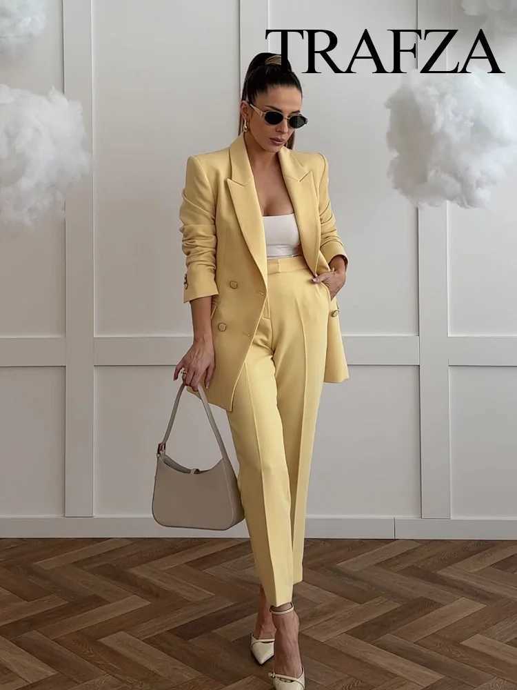 TRAFZA Women New Fashion Blazer Suit Lapel Double-Breasted Pocket Casual Coat+Chic High Waist Loose Zipper Slim Long Pants Suit X250704
