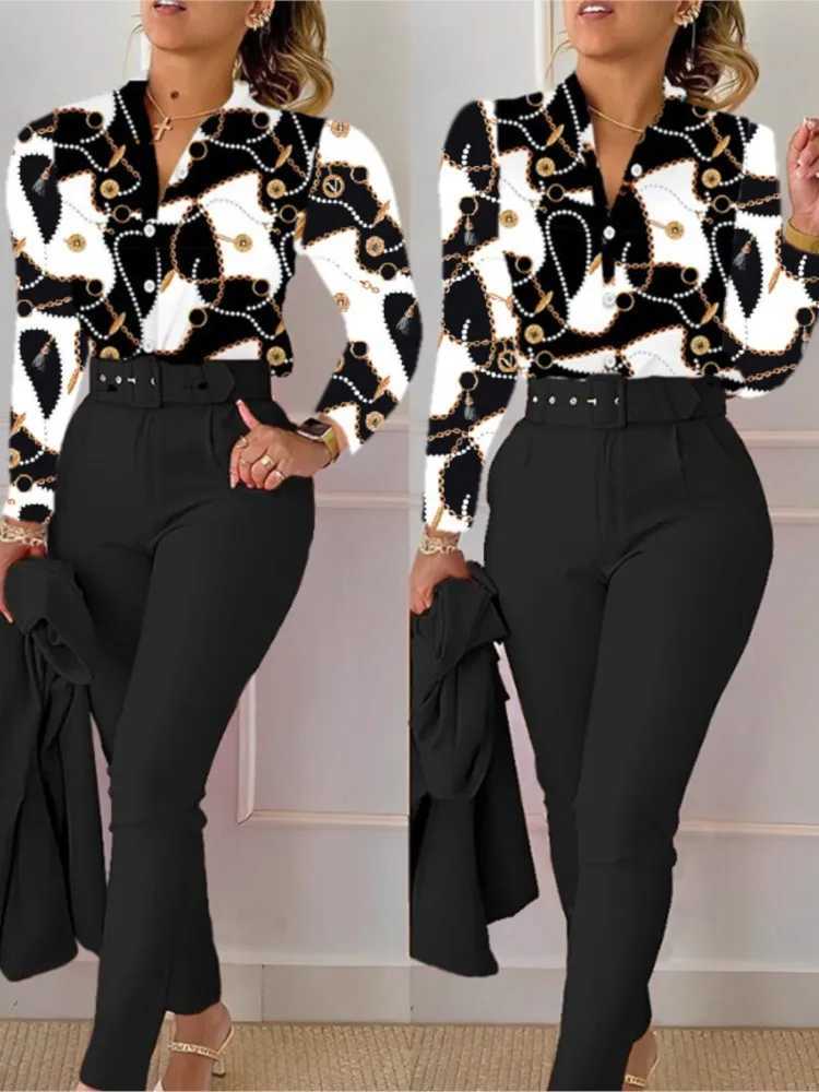 Elegant Women Printed Two Piece Suit Sets Spring Autumn V Neck Long Slve Shirt Top Long Pants Set With Belt Workwear Outfits X250704