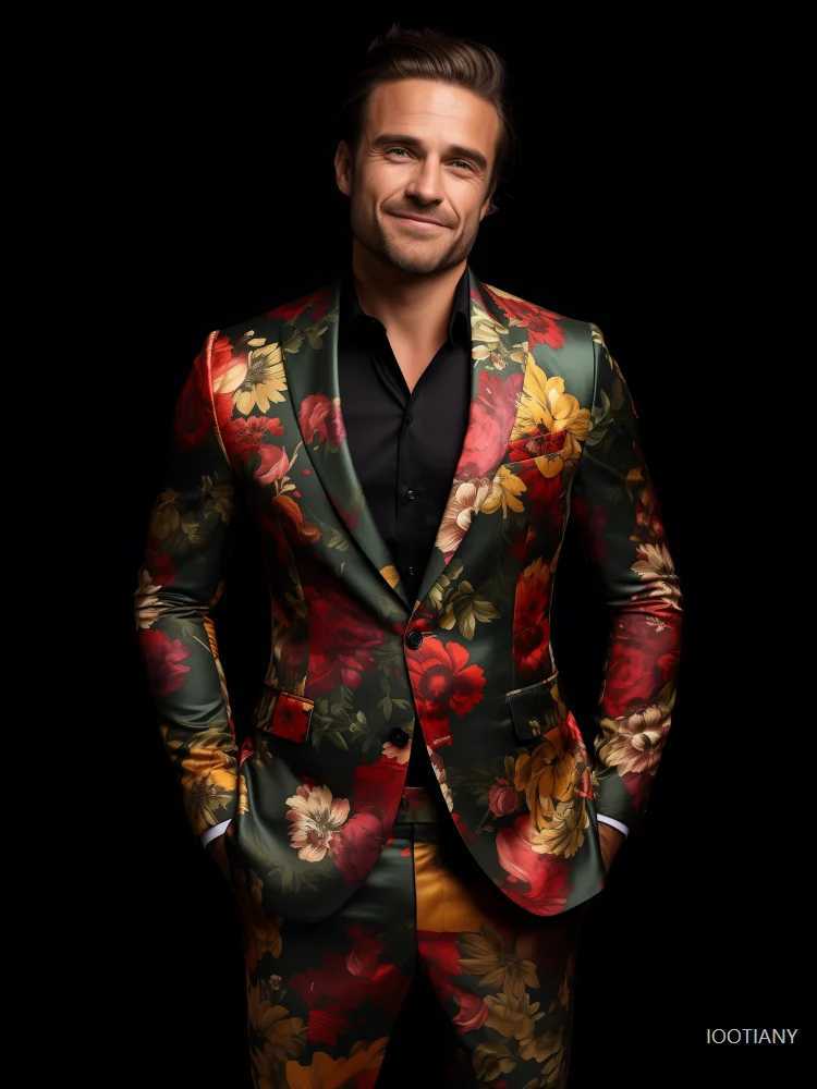 Fashion New Hawaiian Floral Print Suit Jacket Adult Gentleman Social Wedd Party Gown Men Slim Jacket Nightclub Stage Party Set X250704
