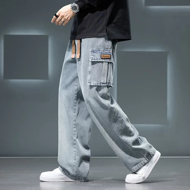 8XL Jeans Wide Leg Washing Pants Men Trousers Neutral Solid Color Loose Casual Korean Fashion Pocket Plus Size Cargo Pants 250704