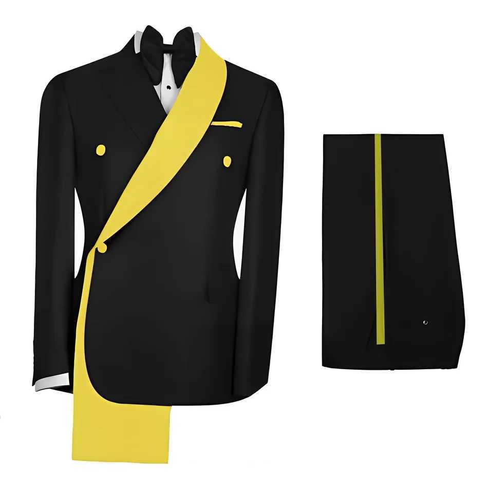 Fashionable Mens Suit 2 Piece Set Black Jacket With Gold Collar Wedding Groom Tuxedo Classic Mens Tailored Blazer Pants X250704