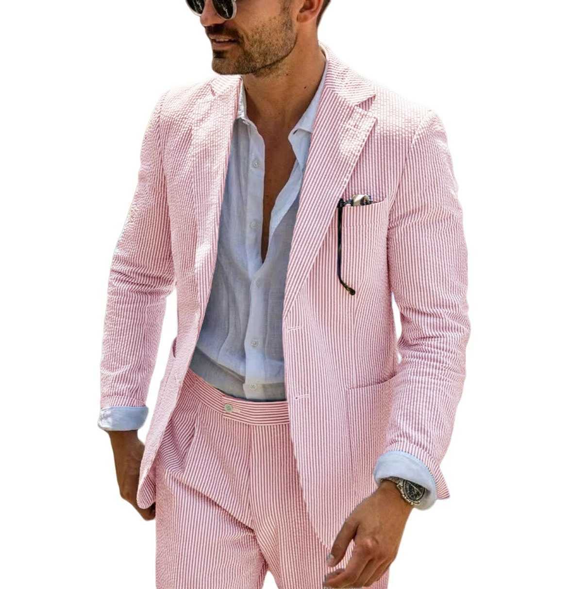 2-piece Mens Casual Suit Jacket Pants Summer Breathable Comfortable Casual Fashionable Mens Suit Solid Color Striped Sexy Suit X250704