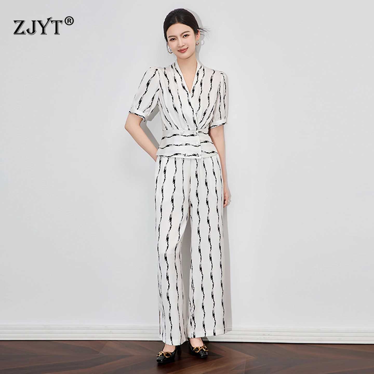 ZJYT Elegant Lady Summer Striped Print Top And Pant Sets 2 Piece Womens Outfit White Trousers Suit Conjuntos Femininos 2025 New X250704
