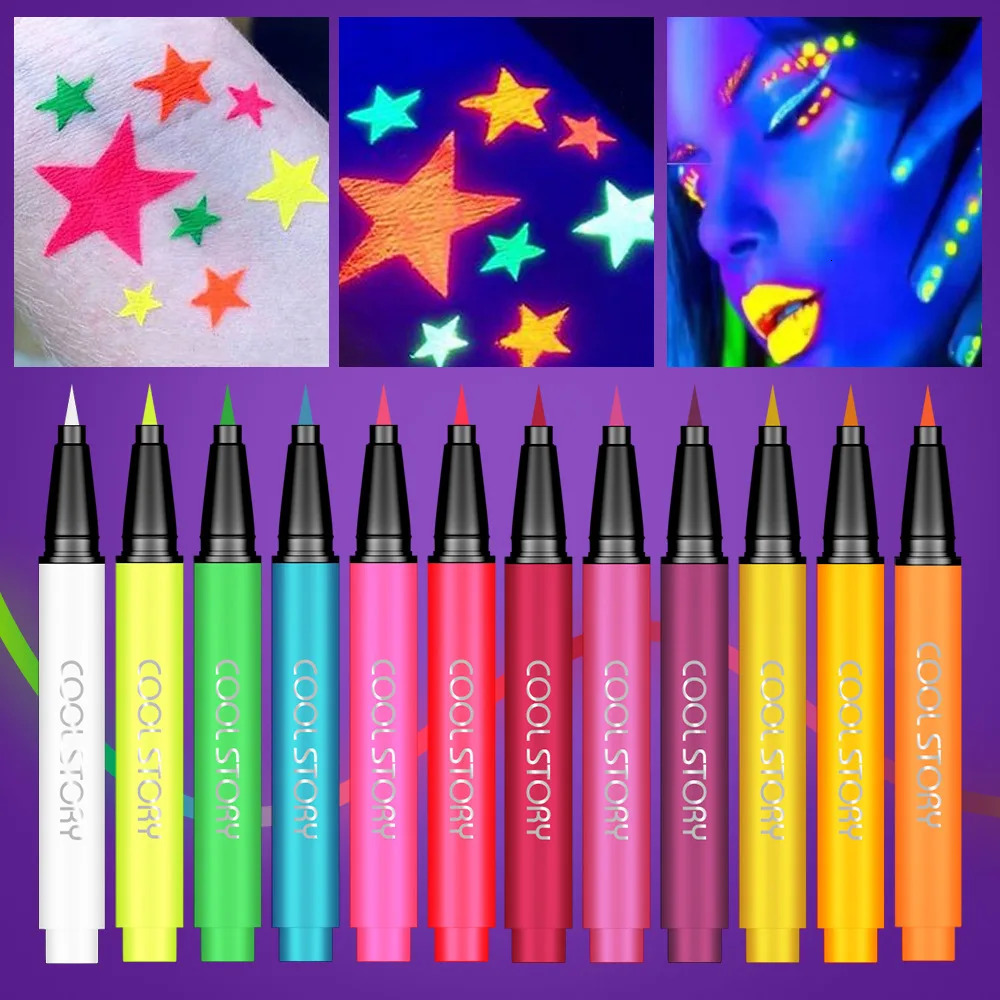 12pc Eyeliner Pencil SetEyeshadow Pen with Fluorescent UV GlowNeon Body Paint Liquid Eyeliner Makeup Pen for Music Festival 250627