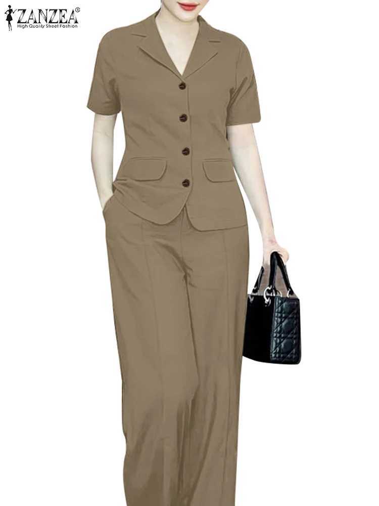 ZANZEA 2024 Elegant Women OL Work Pants Sets 2PCS Summer Fashion Short Slve Shirt Wide Leg Trousers Suits Solid Tracksuit X250704